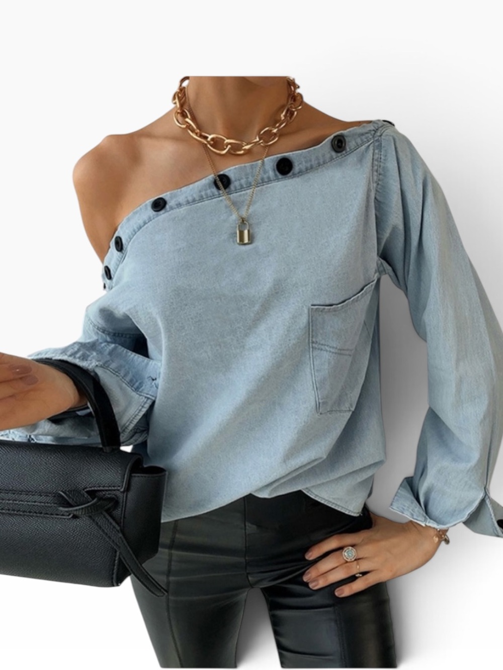 Denim Shirt Top Buttoned off Shoulder Long Sleeved  size Small